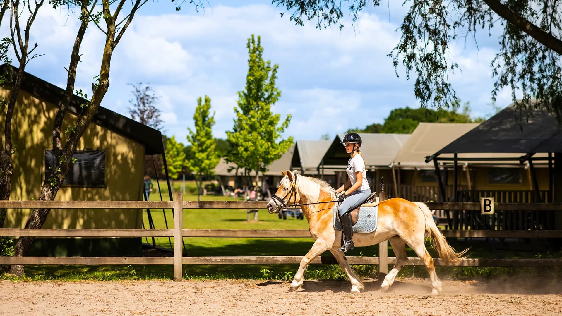 FarmCamps De Smulhoeve Brabant meisjes rijden pony paard voor tent