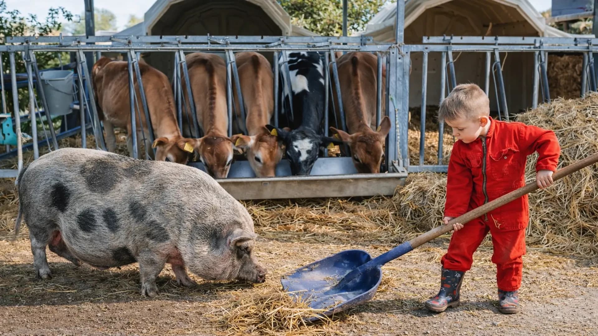 FarmCamps BoeBaDoe kind schoffelen voor koeien varken rudy loopt langs