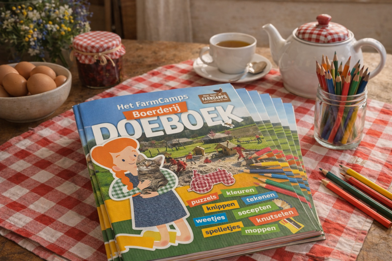 FarmCamps Boerderij Doeboek ligt op een tafel met kleurpotloden, ontbijt en boerderijsfeer