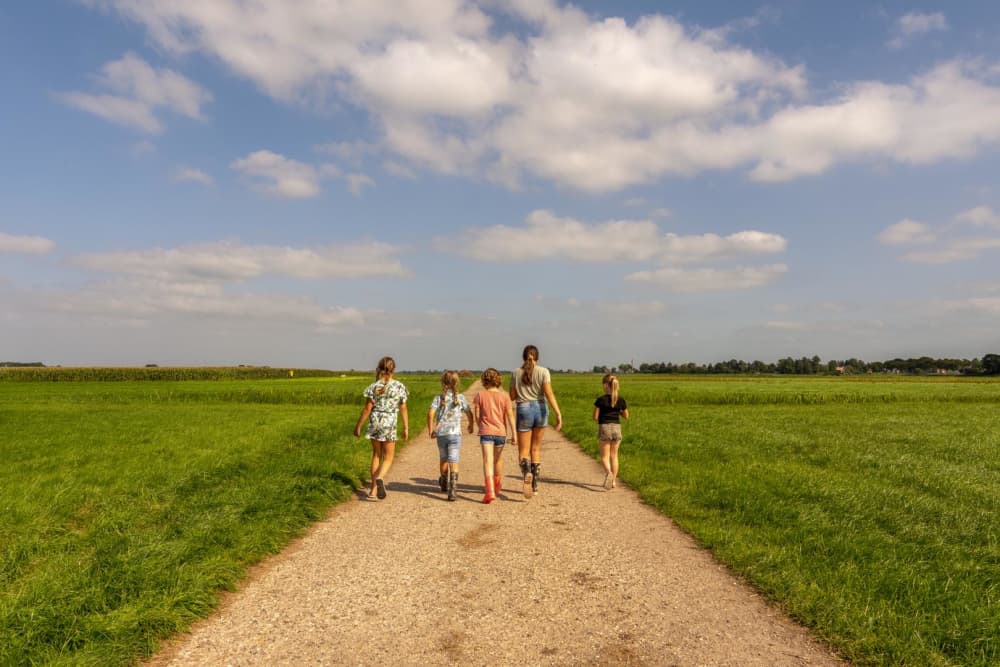 vijf kinderen lopen door de natuur op vakantie in Nederland