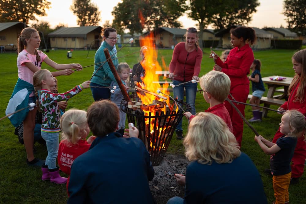 Kinderen en ouders roosteren marshmallows rond het kampvuur op een boerderijcamping van FarmCamps