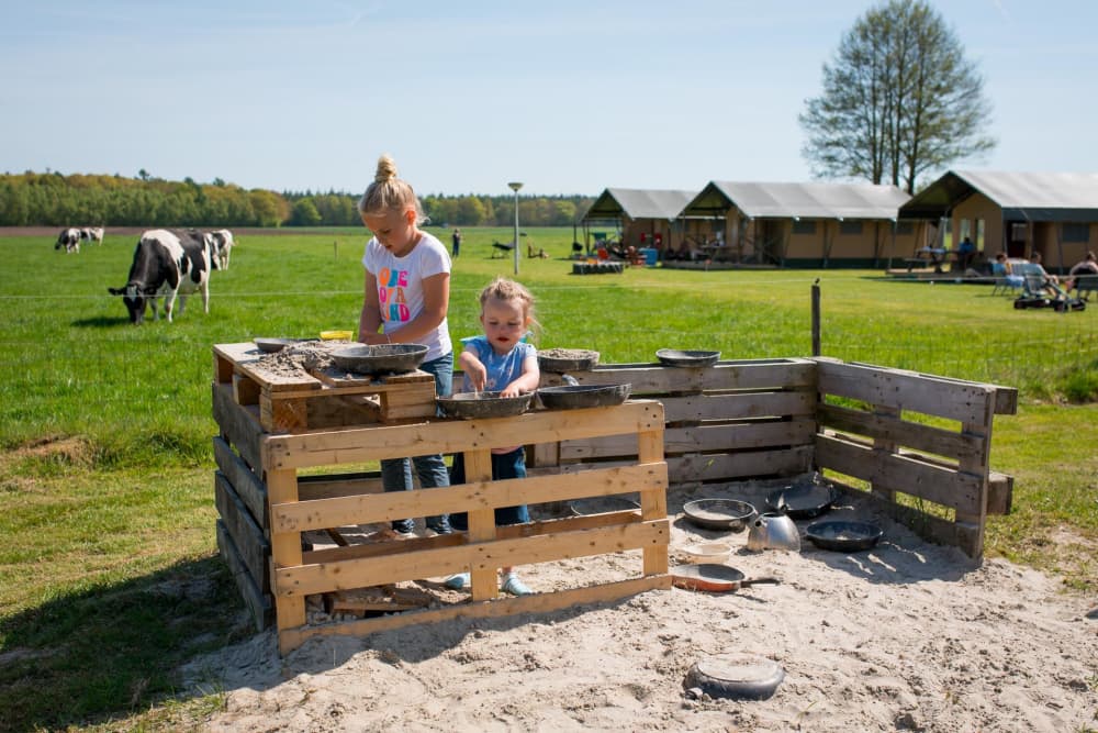 Kinder genießen das Spielen vor ihrem Safarizelt bei FarmCamps 't Looveld, umgeben von grünen Wiesen und Kühen in der Ferne.