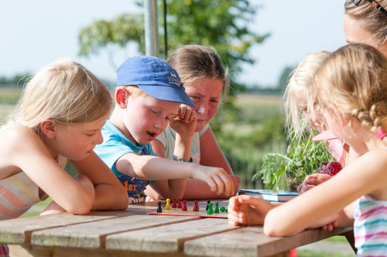 Kinderen spelen een spelletje aan een picknicktafel tijdens hun vakantie met kinderen bij FarmCamps