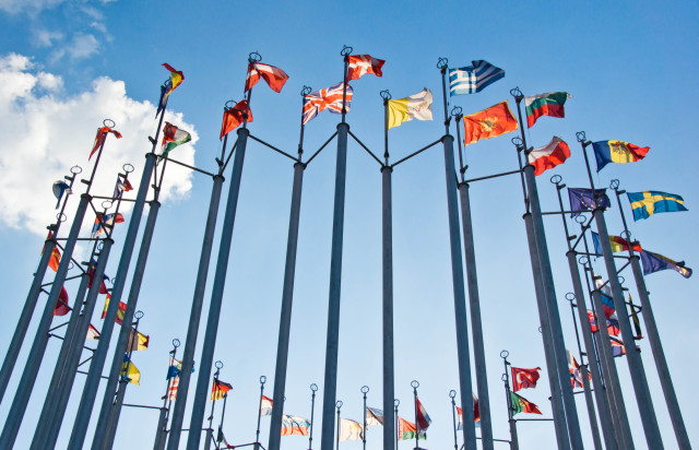 Flags of European countries attending the NATO event 2025 at the world forum in the hague